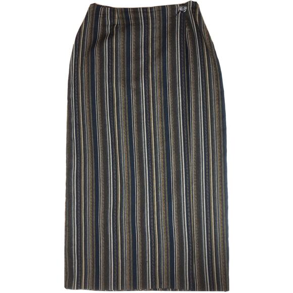 Express Wrap Skirt M Olive/Navy Stripe 26”W Wool Italy Boho Hippie Career Grunge - Picture 2 of 6